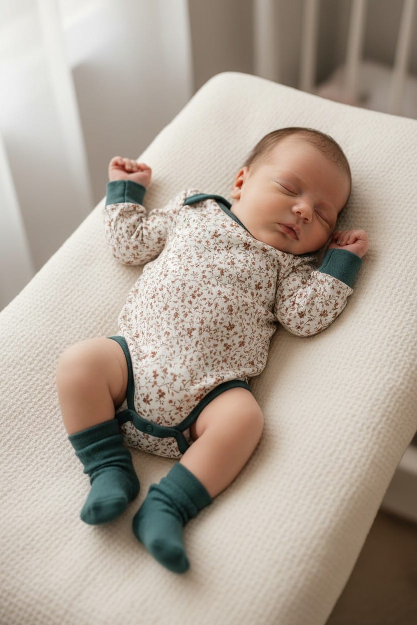 Baby in romper voor wasbare luier biologisch tricot