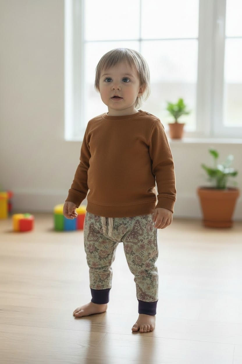 peuter draagt slank broekje voor wasbare luiers, donkergroen met vlinders