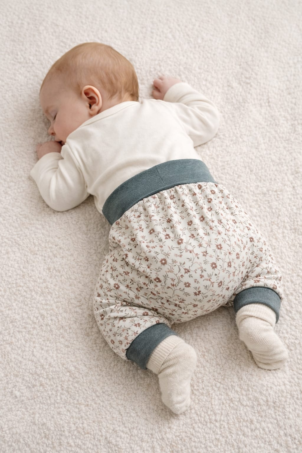 baby in harembroekje met wasbare luier uitgevoerd in tricot met bloemetjes