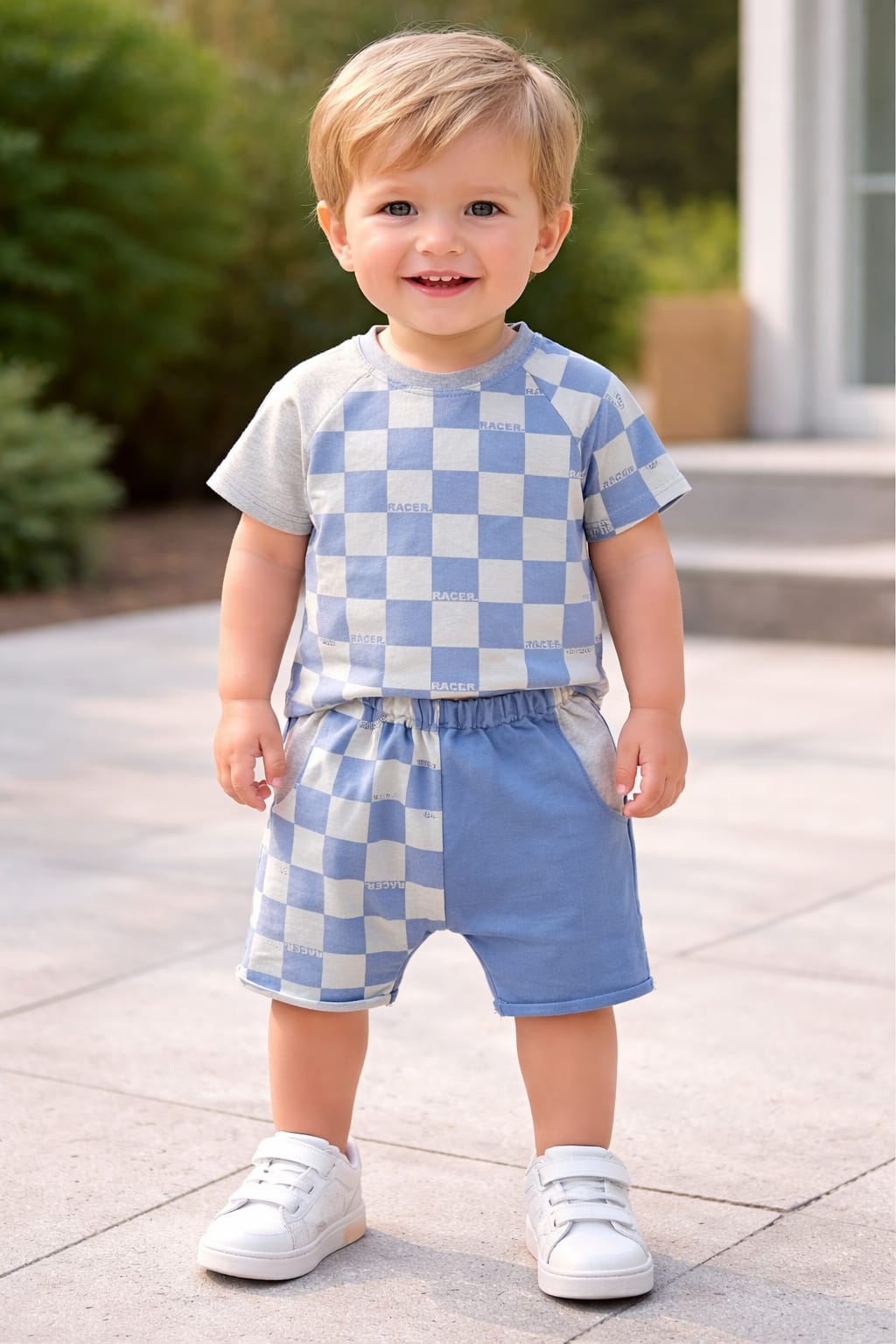 peuter draagt setje voor wasbare luiers, blauwe kleurvlakken