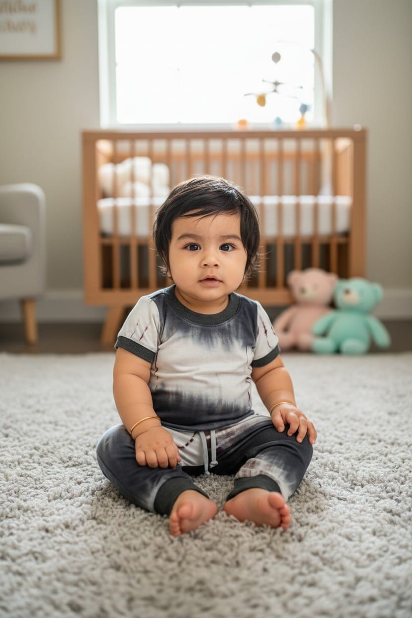 kindje draagt setje geschikt voor wasbare luiers. shirt en slank broekje