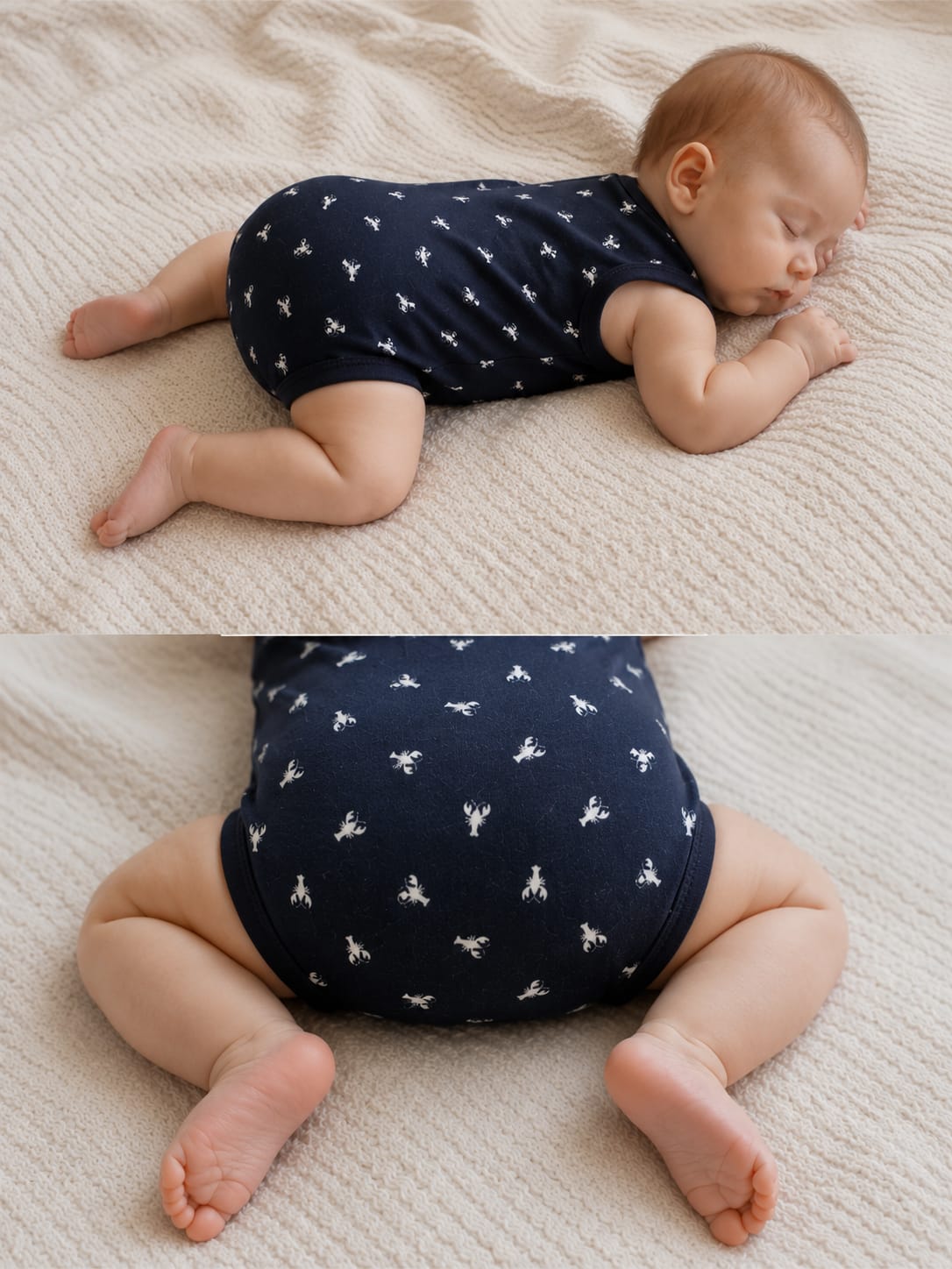 baby draagt romper geschikt voor wasbare luiers, handgemaakt. Donkerblauw. Tanktop