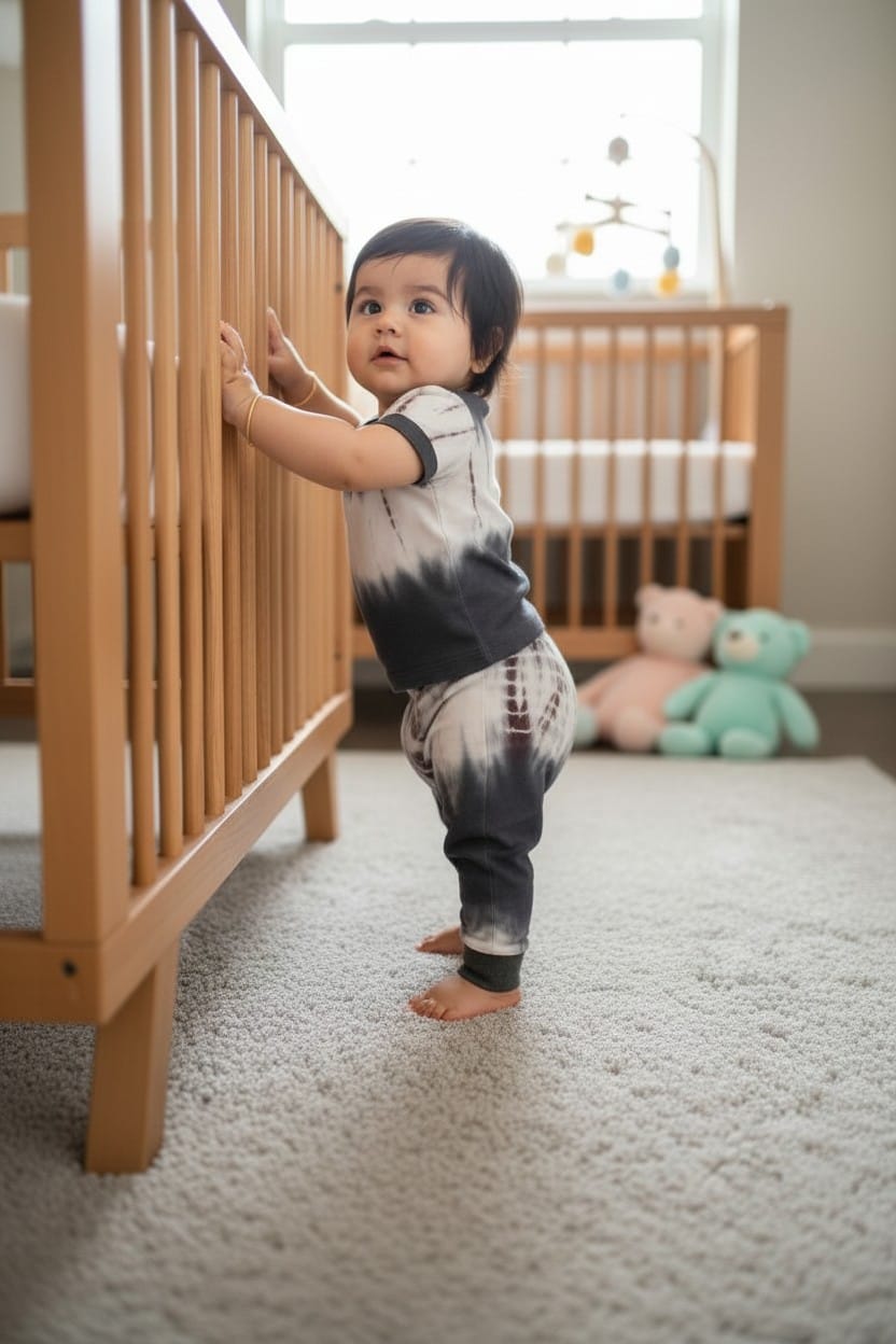 Baby draagt handgemaakt setje met wasbare luier. Tie dye viscose grijs