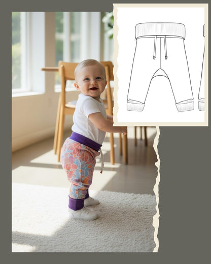technische tekening van een meegroeibroekje, en een baby die er een draagt