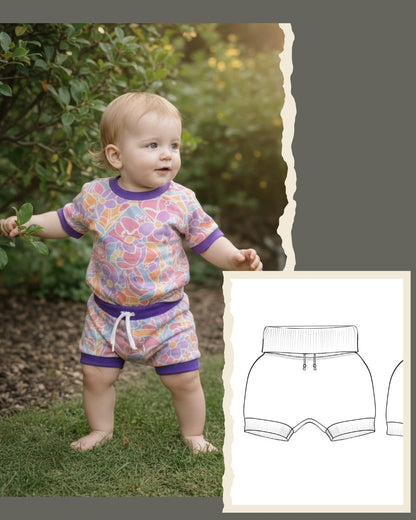 Technische tekening en gedragen foto van meegroeishorts
