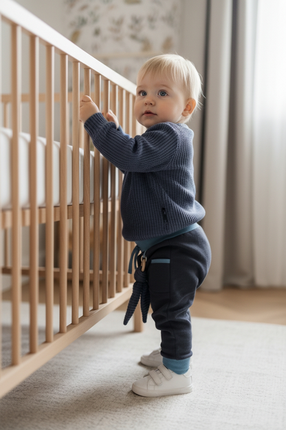 baby draagt outfit met broekje geschikt voor wasbare luiers, warme katoenmix