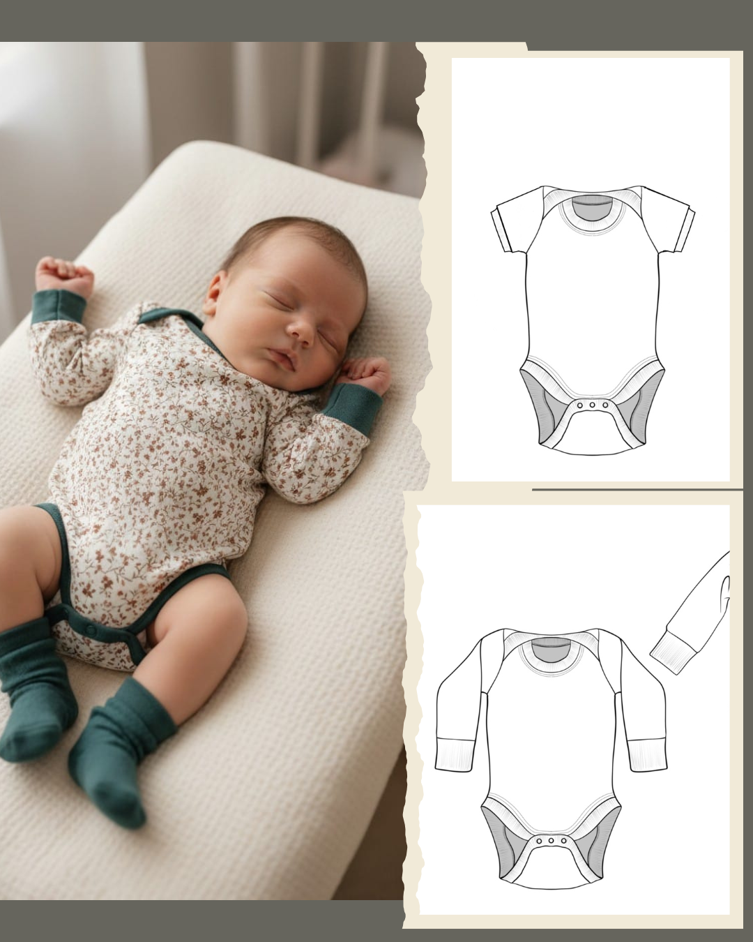 lijntekening van romper voor wasbare luiers en een foto van een baby die er een draagt